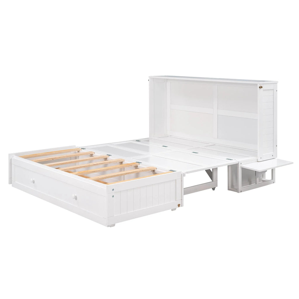 White Queen Size Wood Murphy Bed Cabinet with Storage Drawer P632