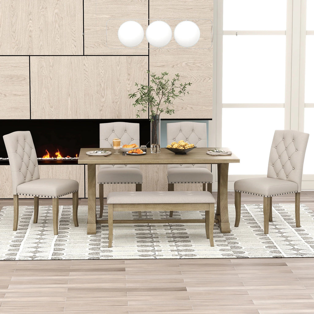 Natural 6 Piece Wood Dining Table Set with Bench and 4 Upholstered Chairs R653