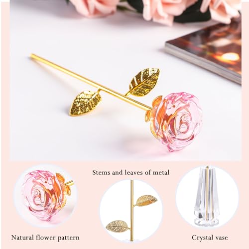 Crystal Pink Rose Flowers Glass Rose Golden Stem with Crystal Vase Figurine Collectible Decor H3286