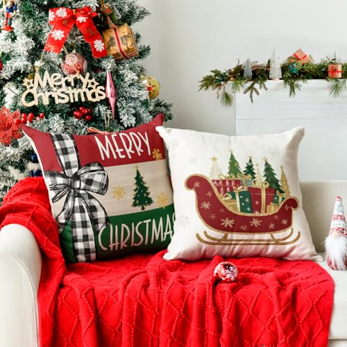 Merry Bright Christmas Trees Throw Pillow Covers, 18 x 18 Inch Set of 4 W403