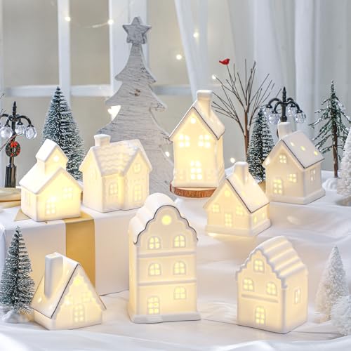 28 Pcs Ceramic LED White Christmas Village Set with Houses, Trees, Lamp Post I702497