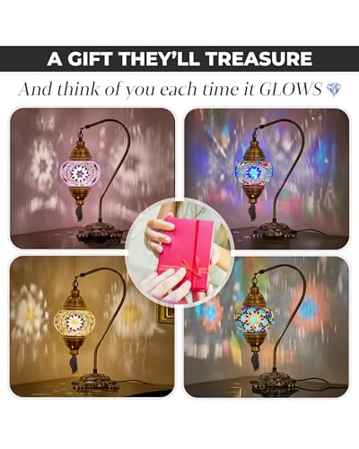 Turkish Moroccan Mosaic Table Lamp Handcrafted Tiffany-Style Colorful Glass Swan Neck Bedside Desk Table Light Boho Artisan Accent Lighting 15" H Black White Q3311