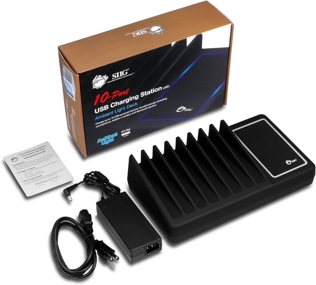 90W 10-Port USB Charging Station with Non-Slip Padded Deck and LED Ambient Light, Black, Pack of 2 D76236