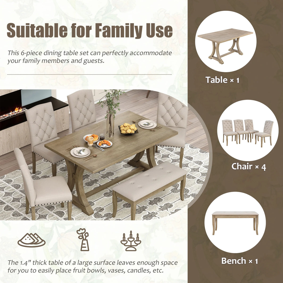 Natural 6 Piece Wood Dining Table Set with Bench and 4 Upholstered Chairs R653
