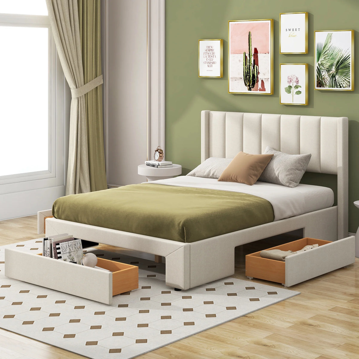 Beige Queen Size Upholstered Platform Bed with 3 Storage Drawers P915