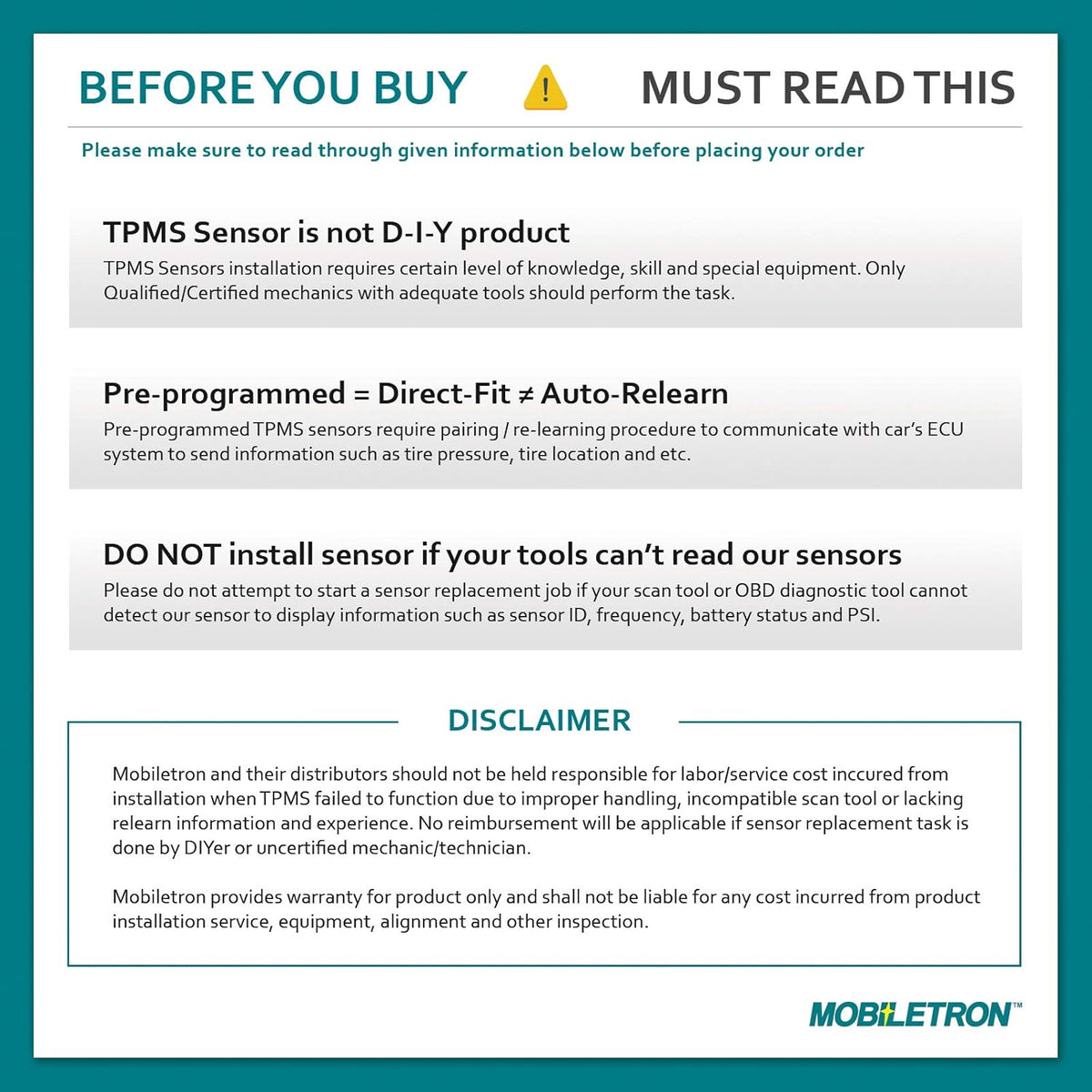 315MHz TPMS Tire Pressure Sensor 4-Pack E1967