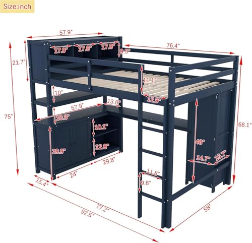 Full Loft Bed with Desk, Wardrobe, Bookshelf & Storage, Dark Blue, Wood T553