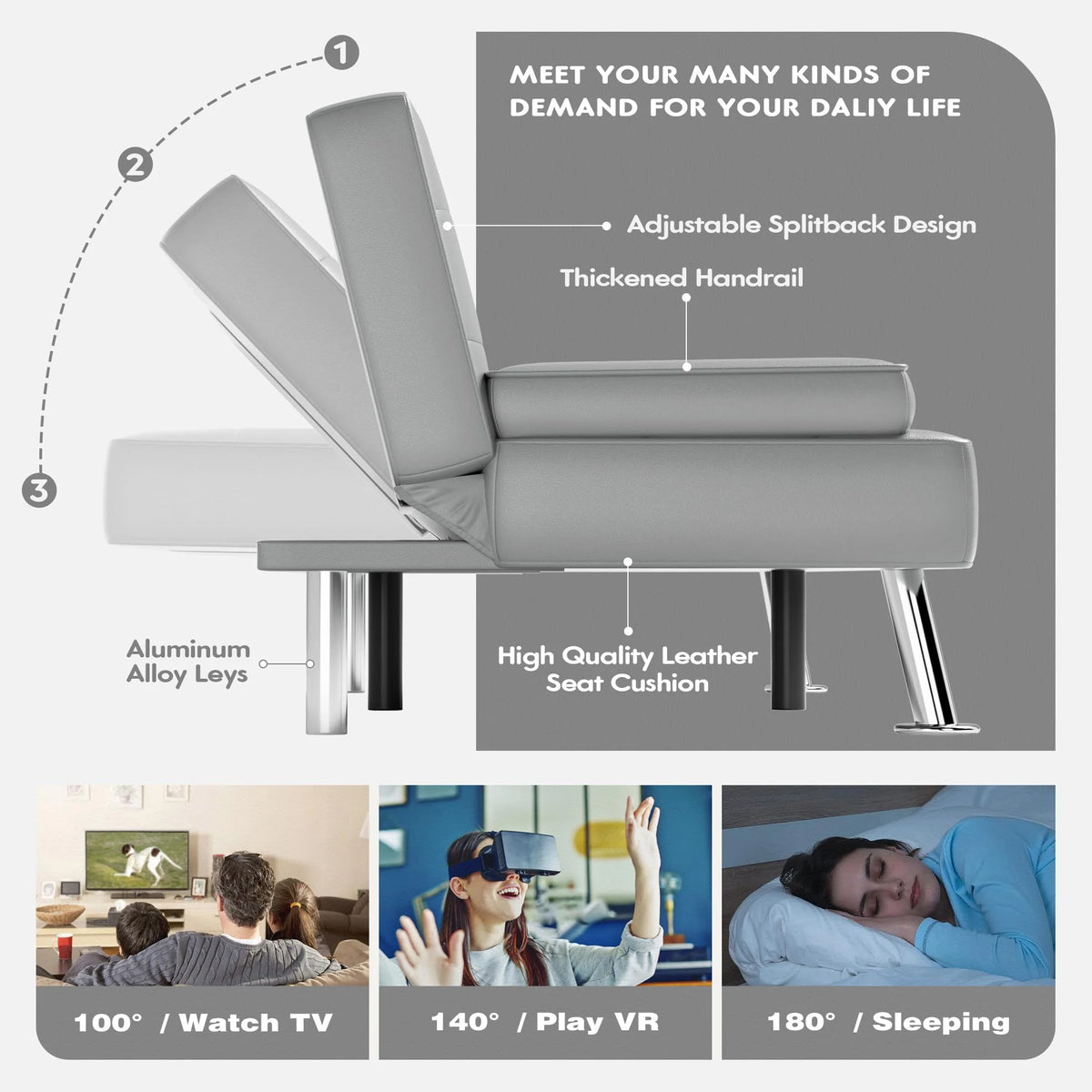 Grey Faux Leather Foldable Futon Sofa Bed with Removable Armrests I6308