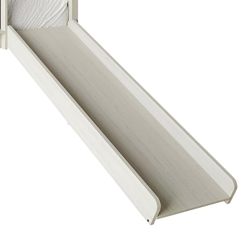 Antique Gray Wood Twin Loft Bed Frame with Slide, Climbing Ladder, Chalkboard, Guardrail B57193