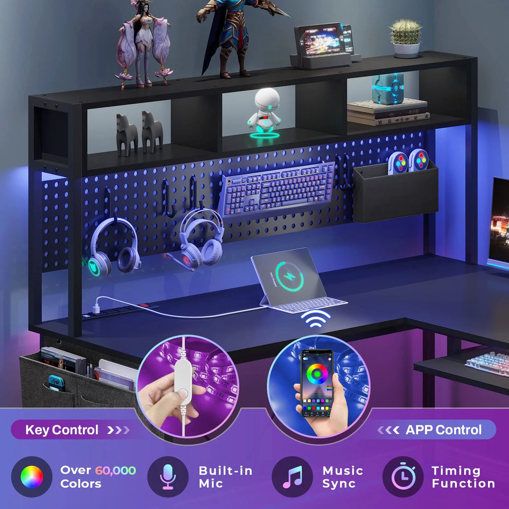L Shaped Gaming Desk with Power Outlet and Led Light, Black M20547