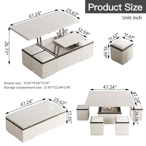 White Lifting Top Coffee Table with Four Stools T189770