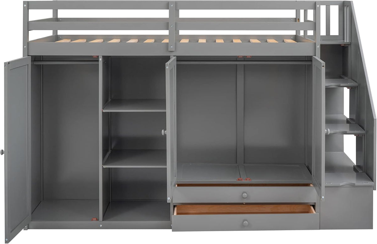 Twin Size Wooden Loft Bed with 3 Shelves, 2 Wardrobes, 2 Drawers, Ladder E814716