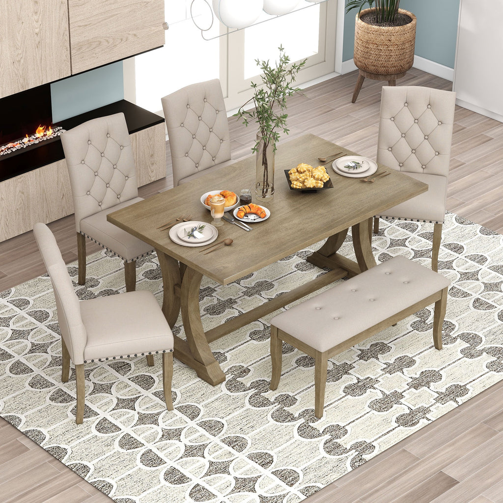 Natural 6 Piece Wood Dining Table Set with Bench and 4 Upholstered Chairs R653