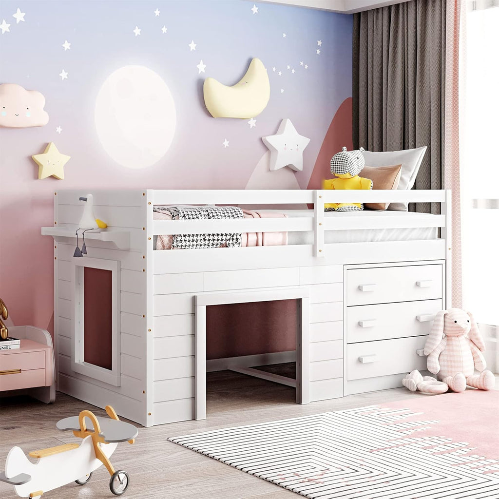 Twin Wood Loft Bed with Storage Drawers X2141