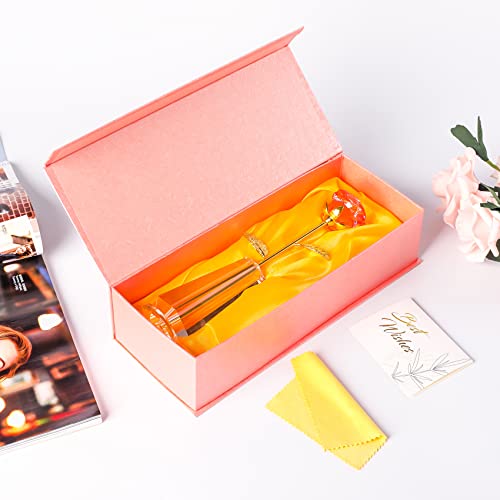 Crystal Pink Rose Flowers Glass Rose Golden Stem with Crystal Vase Figurine Collectible Decor H3286