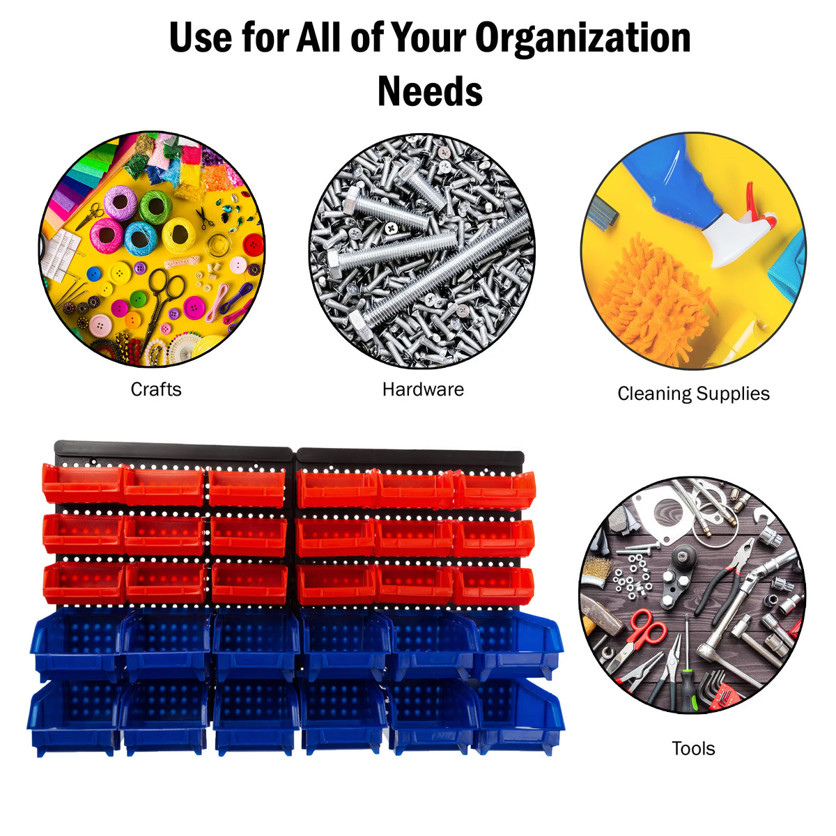 Wall-Mounted Garage Storage Bins 30-Compartment Black Red Blue K839593