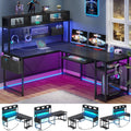 L Shaped Gaming Desk with Power Outlet and Led Light, Black M20547