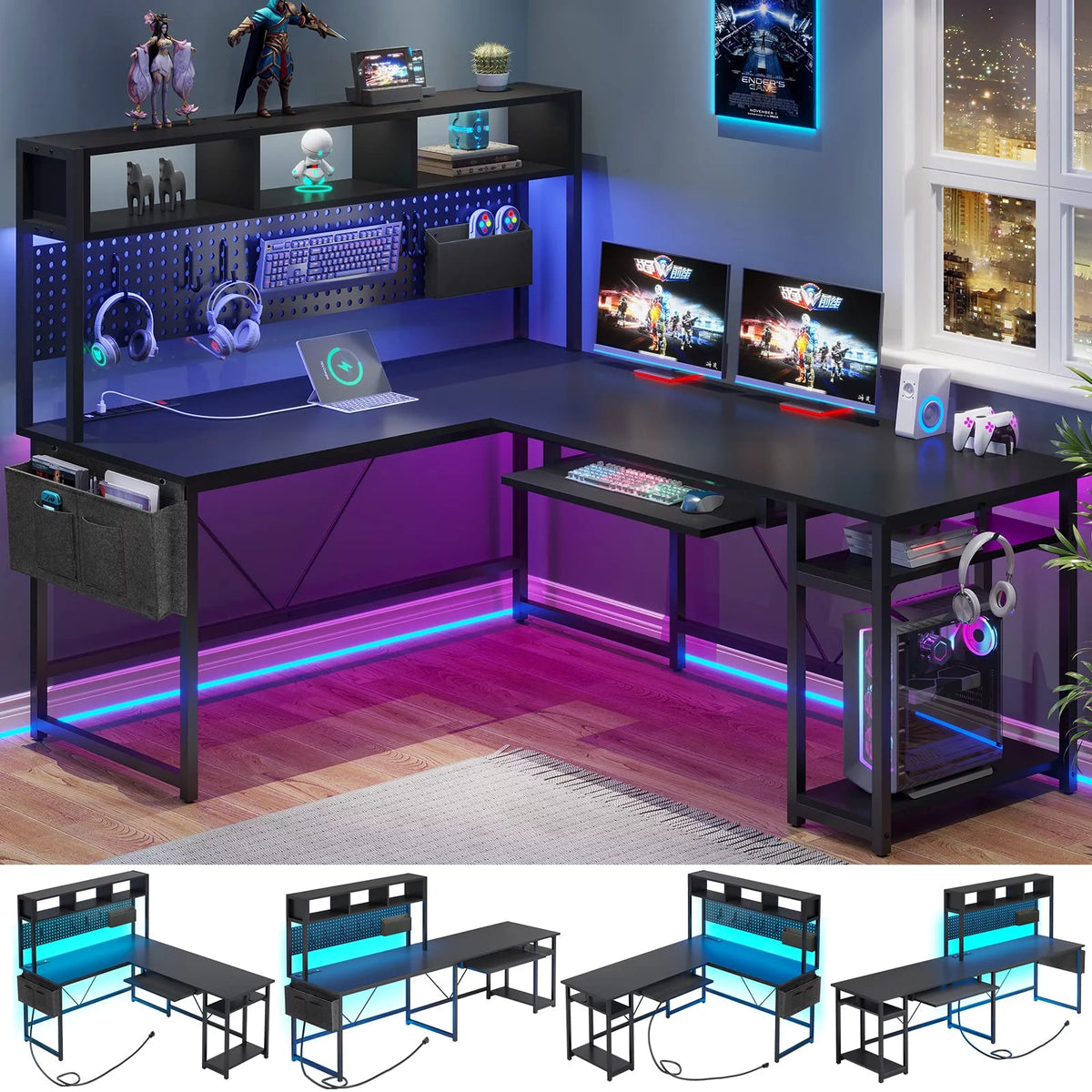 L Shaped Gaming Desk with Power Outlet and Led Light, Black M20547