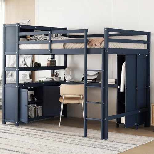 Full Loft Bed with Desk, Wardrobe, Bookshelf & Storage, Dark Blue, Wood T553
