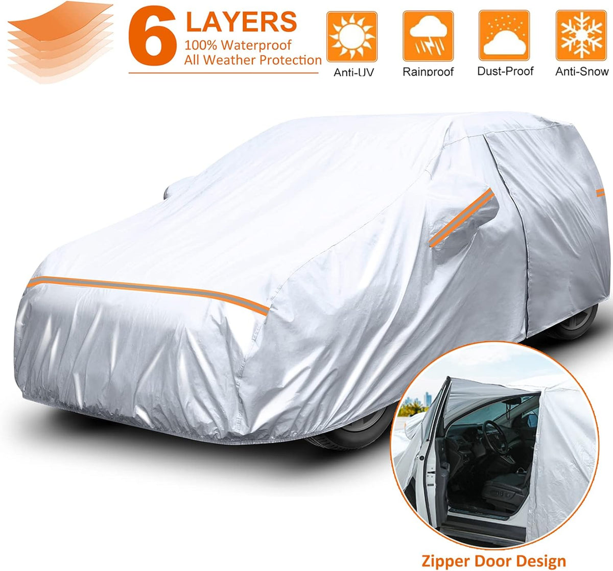 Waterproof All Weather 6 Layers Car Cover with Zipper Door & Storage Bag O560