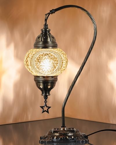 Turkish Moroccan Mosaic Table Lamp Handcrafted Tiffany-Style Colorful Glass Swan Neck Bedside Desk Table Light Boho Artisan Accent Lighting 15" H Black White Q3311
