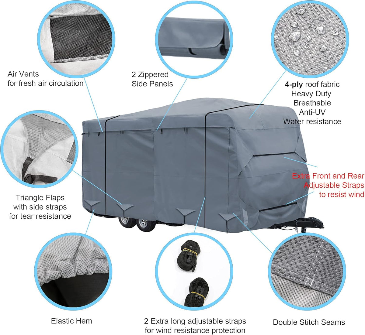 Travel Trailer Camper Cover 17' - 19' Windproof Anti-UV Water-Resistance W407