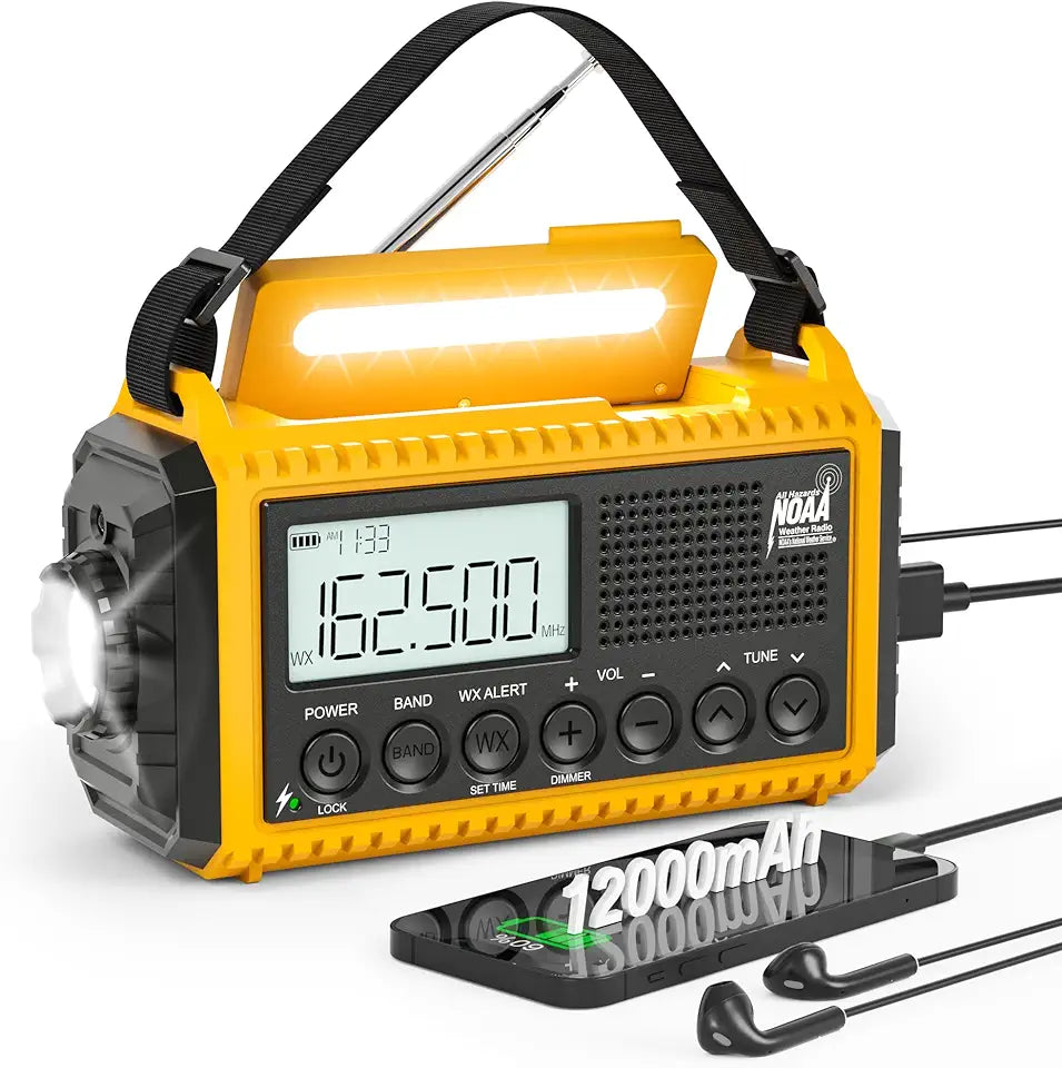 12000mAh NOAA Emergency Weather Radio, Hand Crank Portable AM FM Shortwave Solar Rechargeable Radio with USB-C Charger & Adapter, SOS Alert Flashlight N183662