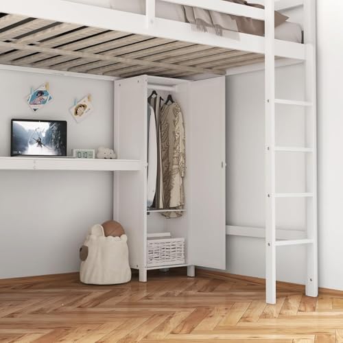 Full Loft Bed with Desk, Wardrobe, Bookshelf & Storage, Dark Blue, Wood T553