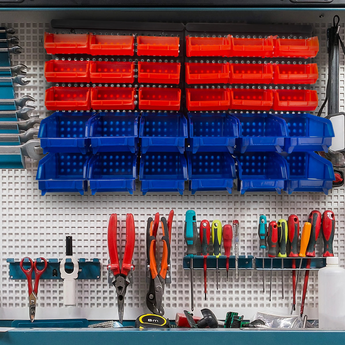 Wall-Mounted Garage Storage Bins 30-Compartment Black Red Blue K839593