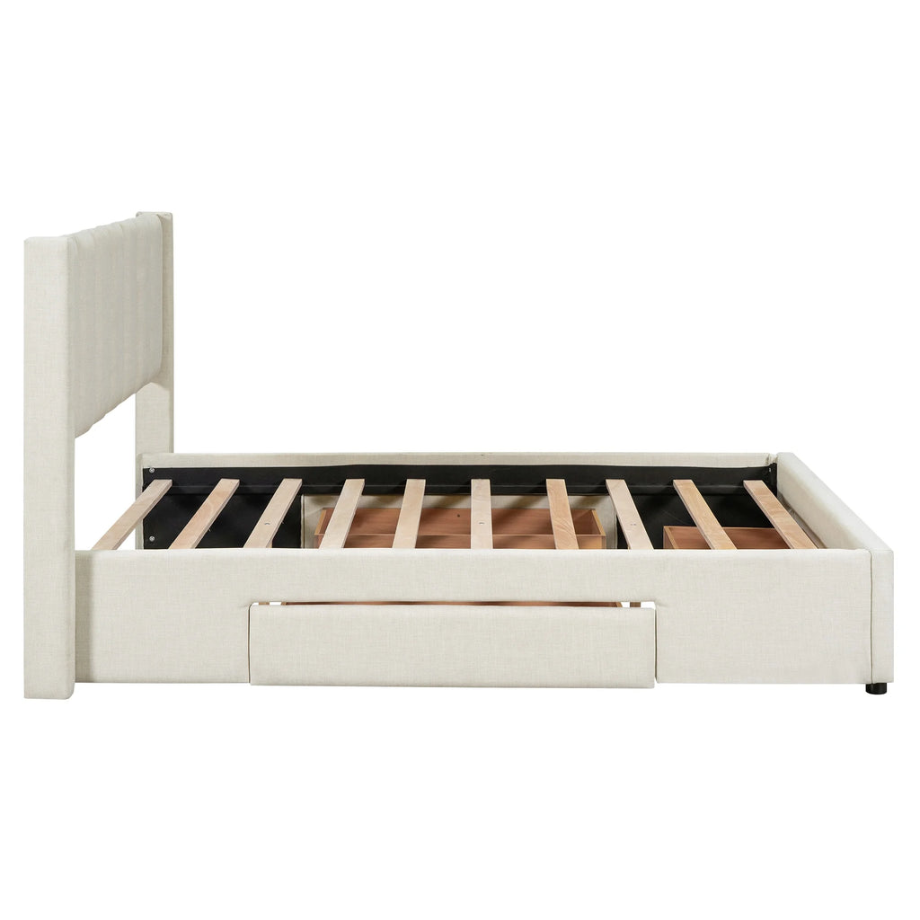 Beige Queen Size Upholstered Platform Bed with 3 Storage Drawers P915
