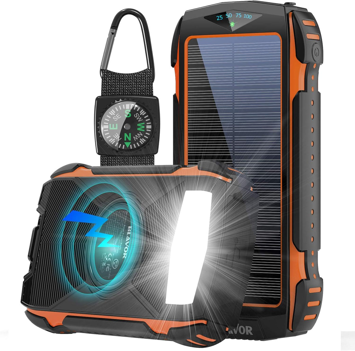 Solar Power Bank 20,000mAh with Camping Light, Compass Carabiner, IPX5 Waterproof (Orange) Z13355