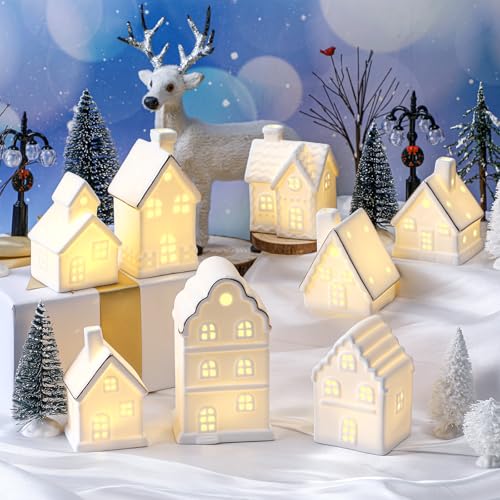 28 Pcs Ceramic LED White Christmas Village Set with Houses, Trees, Lamp Post I702497