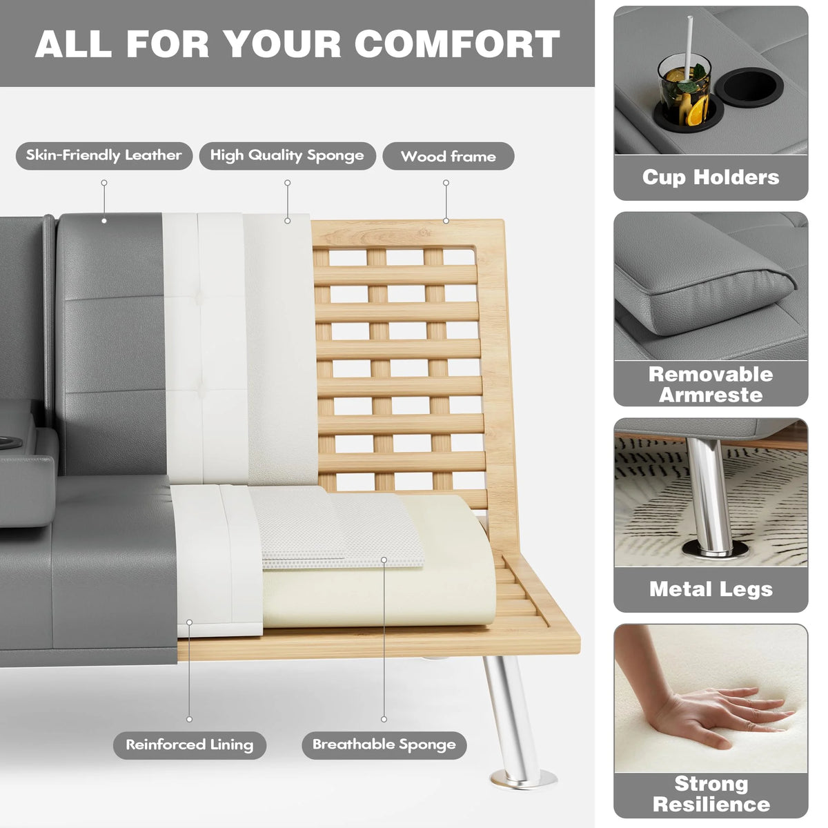 Grey Faux Leather Foldable Futon Sofa Bed with Removable Armrests I6308