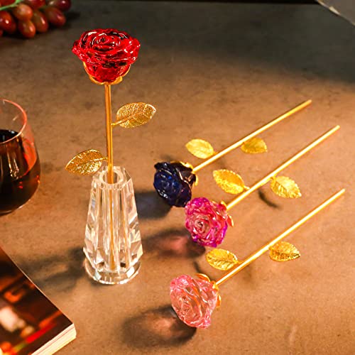 Crystal Pink Rose Flowers Glass Rose Golden Stem with Crystal Vase Figurine Collectible Decor H3286