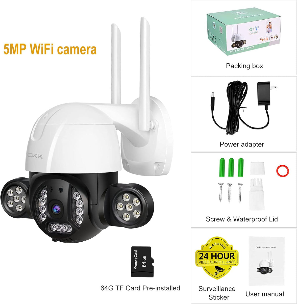 5MP Wireless PTZ Security Camera Outdoor with 64GB SD Card B96202