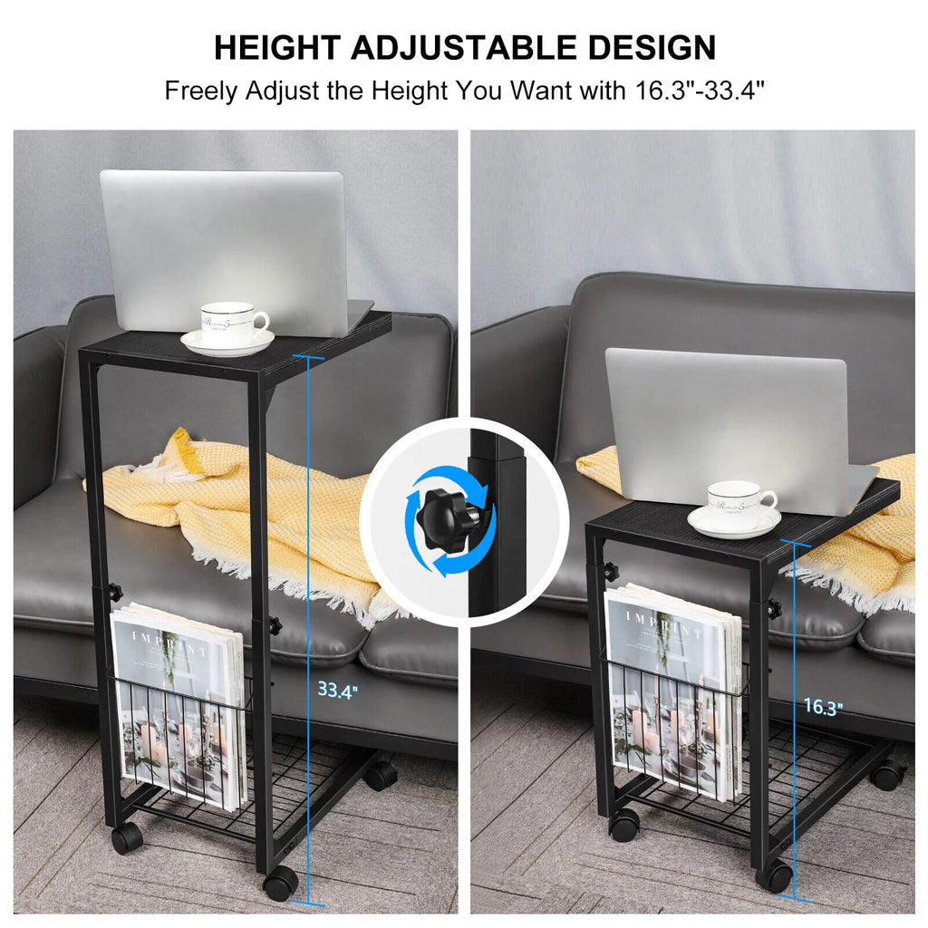 C Shaped Side Table with Wheels & Storage Shelves H28882