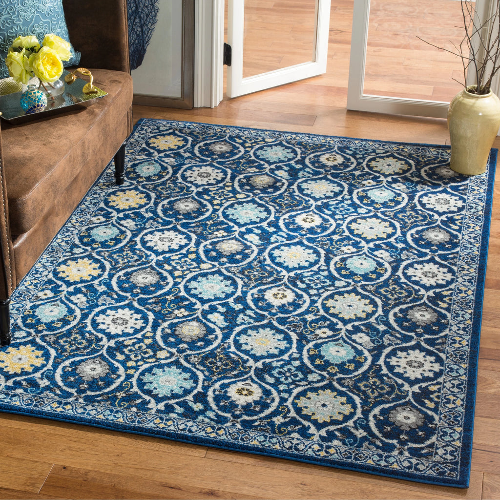 Ivory Blue 8' x 10' Floral Geometric Area Rug F2212