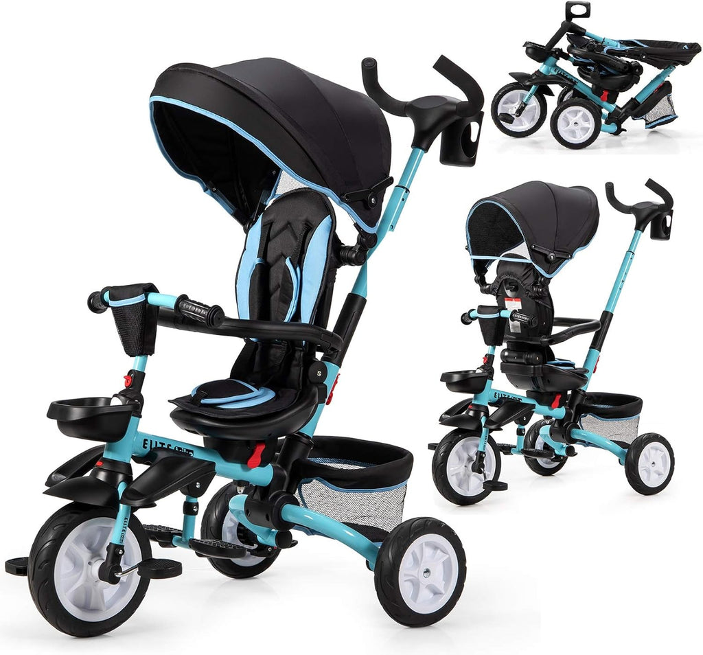 7-in-1 Kids Folding Tricycle with Canopy, Black+Blue O969208