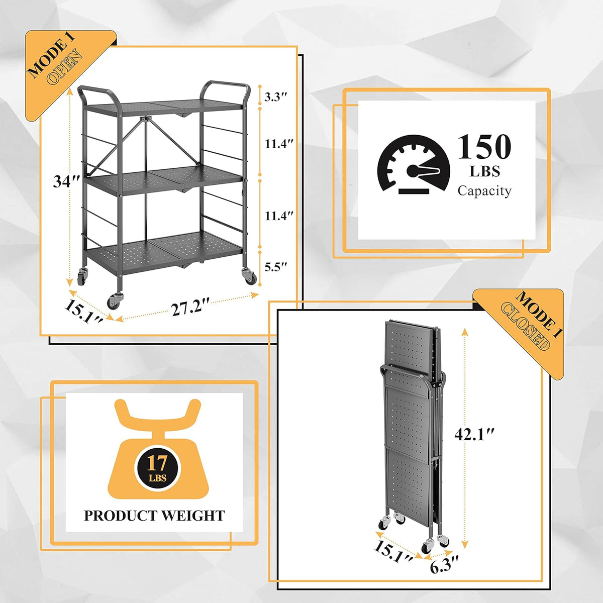 3 Tier Rolling Utility Cart with Wheels S37258