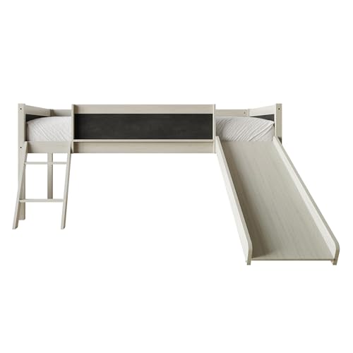 Antique Gray Wood Twin Loft Bed Frame with Slide, Climbing Ladder, Chalkboard, Guardrail B57193