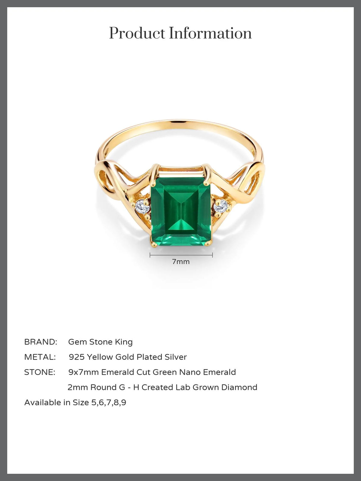 18K Yellow Gold Plated Silver Green Simulated Emerald and White Lab Grown Diamond Ring (2.03 Cttw) C551