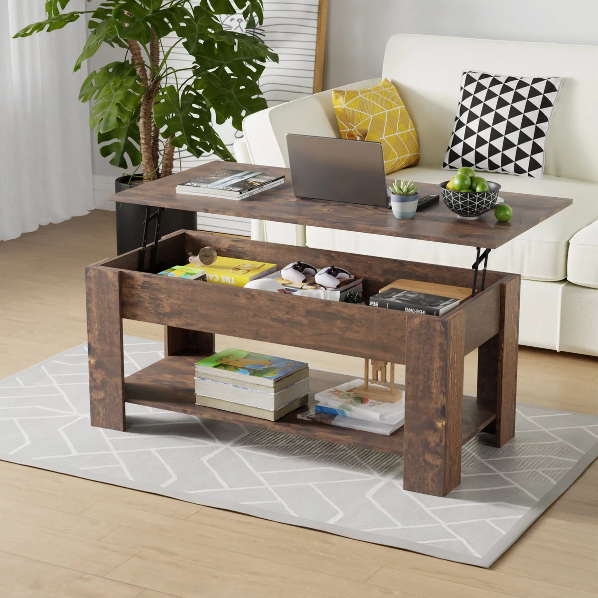 Brown Lift Top Coffee Table with Hidden Compartment and Storage Shelf L183008