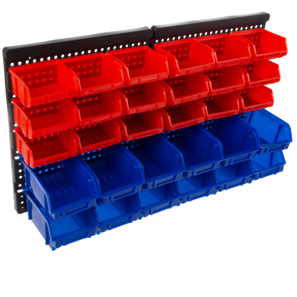 Wall-Mounted Garage Storage Bins 30-Compartment Black Red Blue K839593