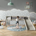 Antique Gray Wood Twin Loft Bed Frame with Slide, Climbing Ladder, Chalkboard, Guardrail B57193