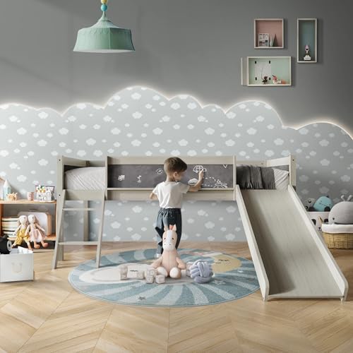 Antique Gray Wood Twin Loft Bed Frame with Slide, Climbing Ladder, Chalkboard, Guardrail B57193