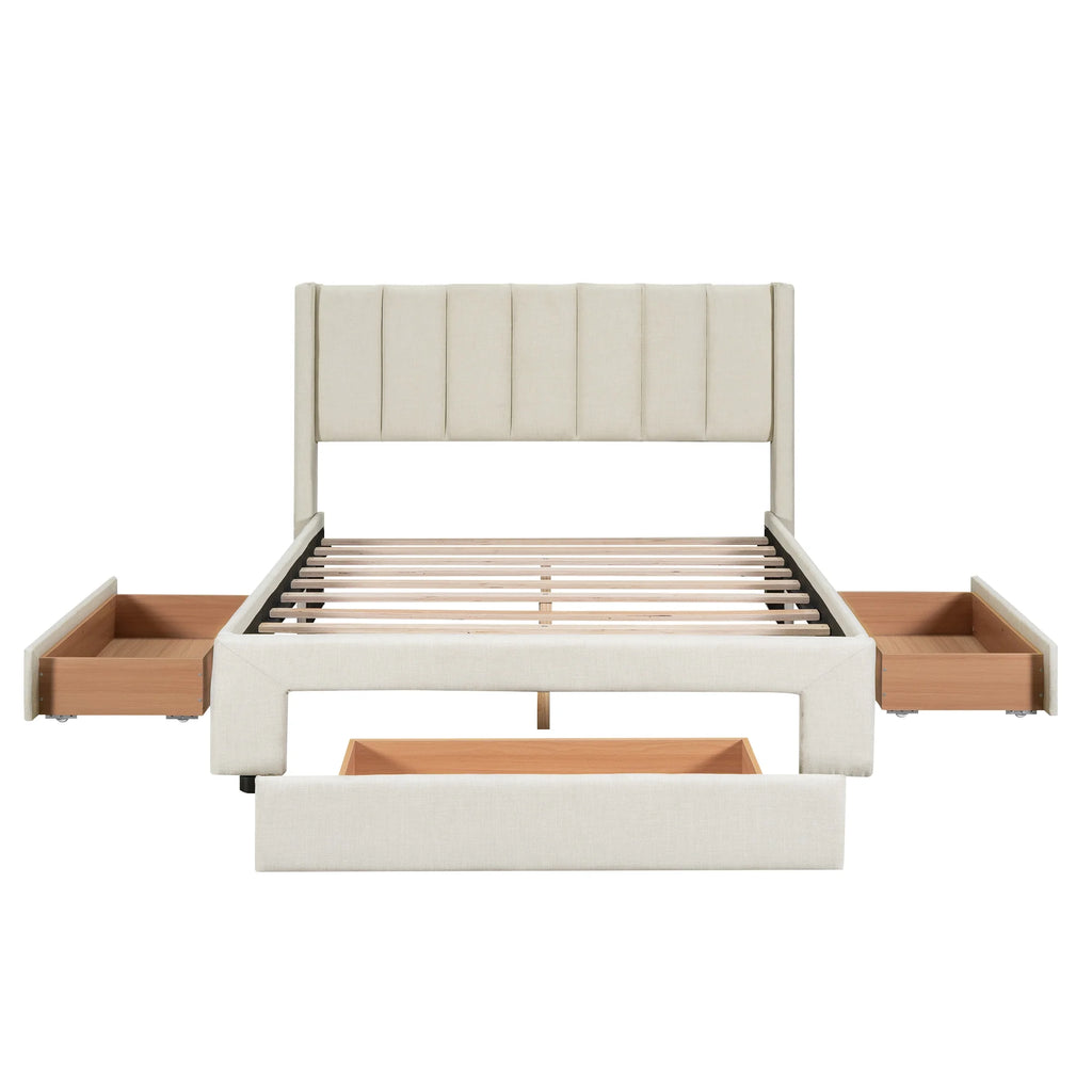 Beige Queen Size Upholstered Platform Bed with 3 Storage Drawers P915