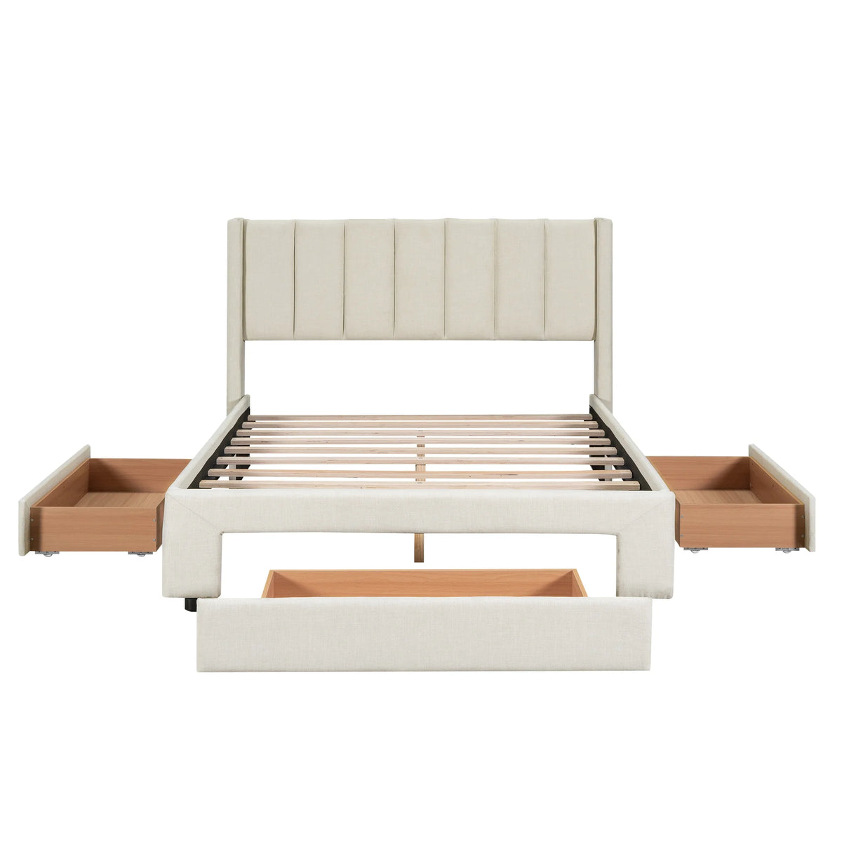 Beige Queen Size Upholstered Platform Bed with 3 Storage Drawers P915