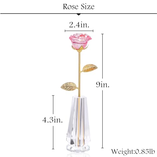 Crystal Pink Rose Flowers Glass Rose Golden Stem with Crystal Vase Figurine Collectible Decor H3286