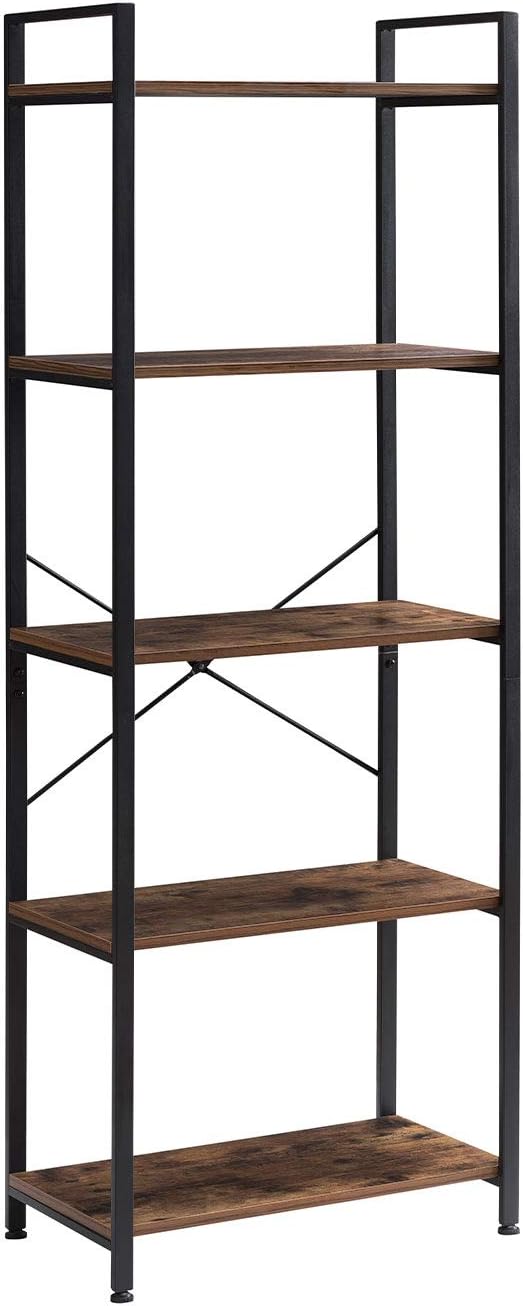 5-Tier Industrial Retro Brown Wood and Metal Bookcase E704