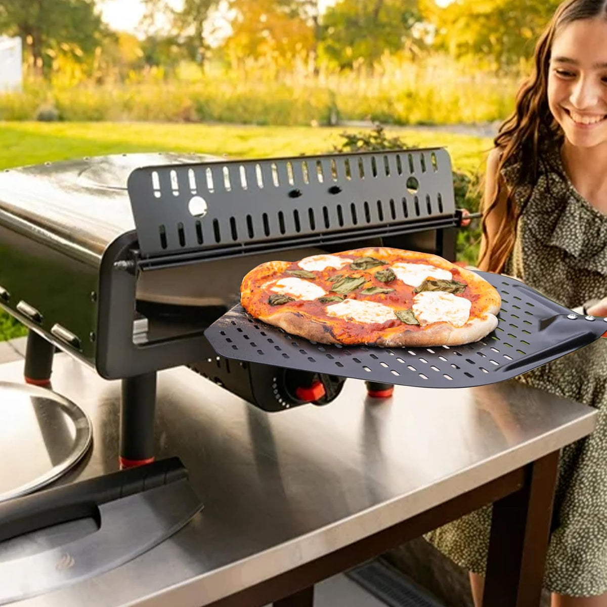 13" Rotating Stone Pizza Oven with Thermometer, Peel, Gloves & Cloth U293